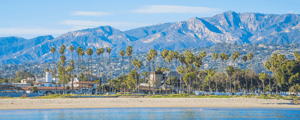 view of the santa barbara city, ocean, and mountains