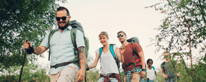 group of executives hiking during a corporate retreat